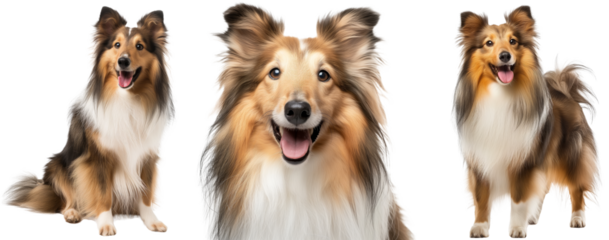 Shetland sheepdog bundle, portrait, standing and sitting, isolated on a transparent background, dog collection