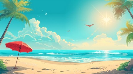 Clean sunny summer beach background. Horizontal banner illustration with summer ocean, sea, beach umbrella, sun, clouds, palm trees.