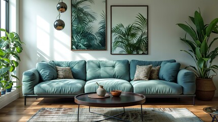 Wall Art Poster - Mint Color Sofa and Black Coffee Table Against White Wall, Scandinavian Boho Home Interior Design of Modern Living Room