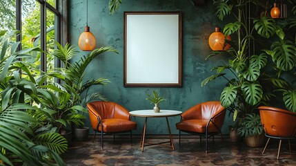 Poster Frame with Orange Leather Chairs at Round Dining Table Against Green Wall - Scandinavian, Mid-Century Home Interior Design of Modern Living Room