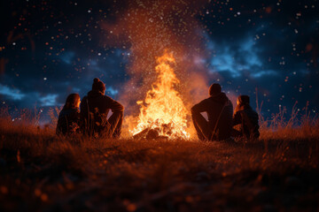 A group of friends enjoying a bonfire under the stars on a cool spring evening, fostering connections and shared moments. Concept of social warmth. Generative Ai.