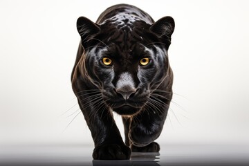 minimalistic design black leopard, panthera pardus, walking towards - obrazy, fototapety, plakaty