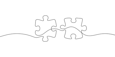 Continuous one line drawing of two puzzle pieces. Isolated. Vector. - obrazy, fototapety, plakaty