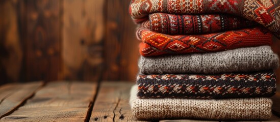 Autumn-colored knitted woolen sweaters stacked on a wooden table, showcasing various patterns. - obrazy, fototapety, plakaty