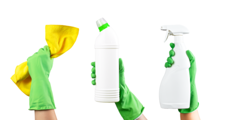 Hands holding detergent bottle packs, WC gel and spray chemical mockups, wiper isolated on white, transparent png