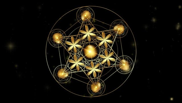 Video animation Metatron's Cube, Flower of Life. Golden Sacred geometry, graphic technology element black galaxy background. Mystic gold icon platonic solids, abstract geometric drawing, crop circles