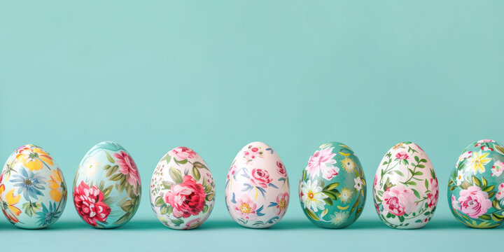 Colorful painted Easter eggs lined up on a blue pastel background with copy space, Easter concept.