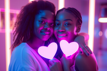 Obraz na płótnie Canvas Two beautiful girls, afro-american and caucasian, holding neon hearts in hands. Galentines day. Gathering with friends. Young women girl friends drinking wine, laughing, having fun together
