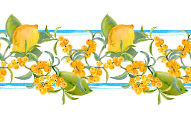 Watercolor border, drawing on the edges with branches of ripe lemons and bunches of sea buckthorn.