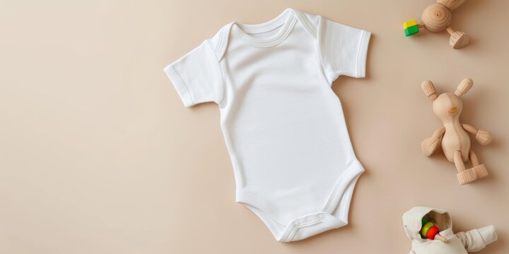 White cotton baby short sleeve bodysuit and natural wooden eco-friendly educational toys on pastel background. Infant onesie mockup. Blank gender neutral newborn bodysuit template mock up. Top view