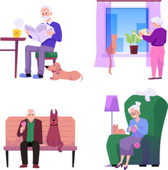 Happy lonely old people enjoy life vector set, elderly women with cats knitting, watering indoor flowers, men is reading