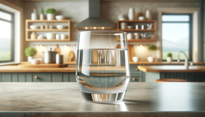 glass of water on a table on a kitchen background - obrazy, fototapety, plakaty