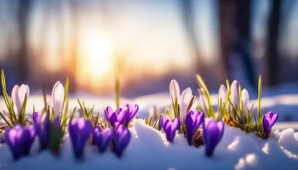Foto op Aluminium   Spring landscape with first flowers purple crocuses on the snow in nature in the rays of sunlight.  © Leon Rahman