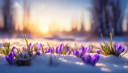 Foto op Canvas   Spring landscape with first flowers purple crocuses on the snow in nature in the rays of sunlight.  © Leon Rahman
