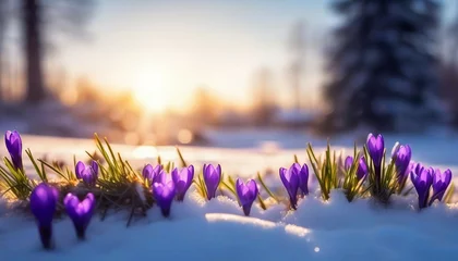 Sierkussen   Spring landscape with first flowers purple crocuses on the snow in nature in the rays of sunlight.  © Leon Rahman