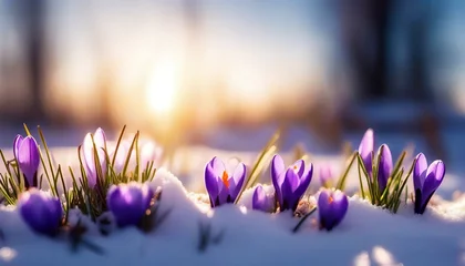 Rolgordijnen   Spring landscape with first flowers purple crocuses on the snow in nature in the rays of sunlight.  © Leon Rahman