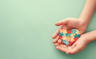 Fototapeta na wymiar World autism awareness day concept. child hands holding puzzle heart on light green background