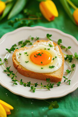Egg fried in heart-shaped toast, garnished with herbs on a white plate