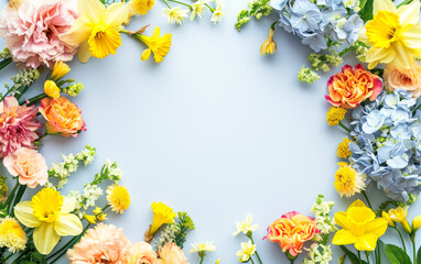 Beautiful floral frame made of fresh flowers and green leaves on light blue background. Top view.
