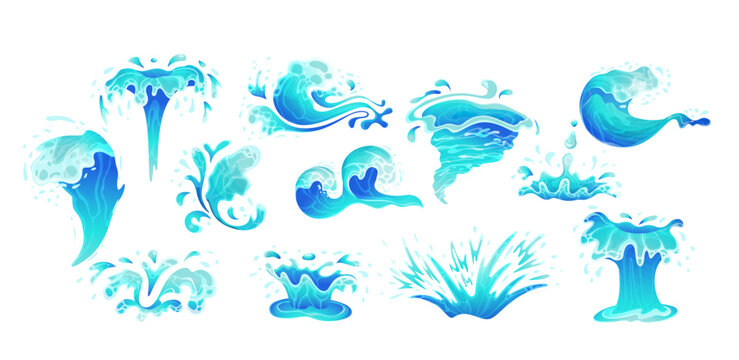 Water splashes shapes color vector icon big set. Natural aqua streams. Flowing and splashing liquid illustration pack on white background