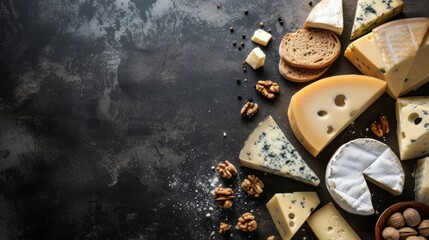 delicious cheese board with a lot of variety of cheeses with space for text