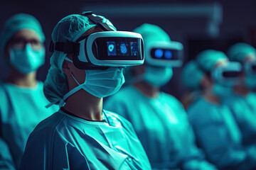A surgeon immersed in the operating room, utilizing a VR headset for precision