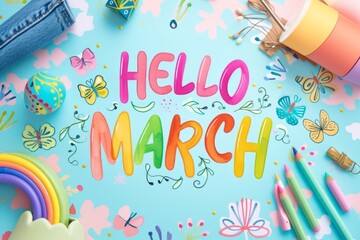 Hello March with rainbows and butterflies on blue background Generative AI