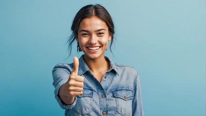young woman with a radiant smile doing thumbs up - obrazy, fototapety, plakaty