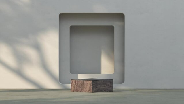 3D render animation 4k platform wooden gray backdrop with tree shadows