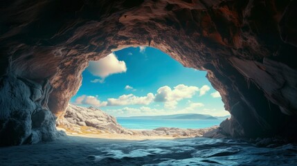 beautiful hidden cave with good lighting in front of the beach on a beautiful sunny day in high resolution and quality