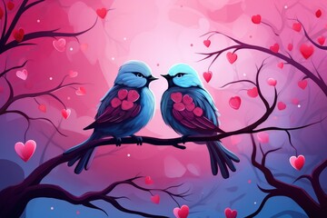 Enchanted Lovebirds: Whimsical Hearts Adorn Twilight's Embrace - Generative AI