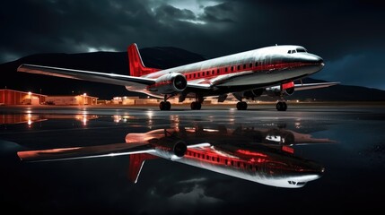 Dramatic Night Reflections: An Airliner Poised on the Rainy Runway - Generative AI