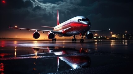 Dramatic Night Reflections: An Airliner Poised on the Rainy Runway - Generative AI - obrazy, fototapety, plakaty