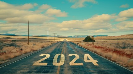 Journey to 2024: spirit of a road trip with a scenic highway leading to the beginning of 2024