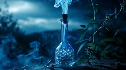 a glass bottle with a liquid inside of it on a table with smoke - obrazy, fototapety, plakaty