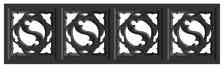 Gothic balustrade stylized drawing. Stone decorated wall illustration. Medieval ornamented railing.