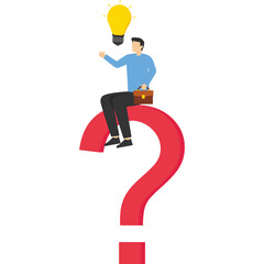 Business problem, idea, job and career path concept, decision making and solution, confused businessman standing with question mark then helping put half light bulb for bright solution.