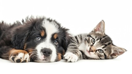 portrait of a dog and a cat looking at the camera in front of a white background