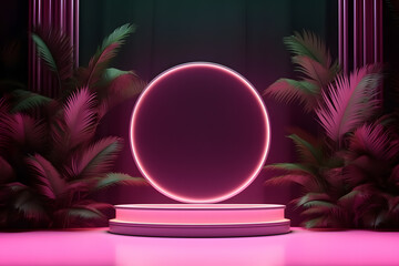 Obraz premium : Empty Stage with Holographic Podium and Leafy Circles