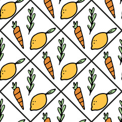 Seamless pattern with carrots and lemons. Healthy and juicy vector illustration