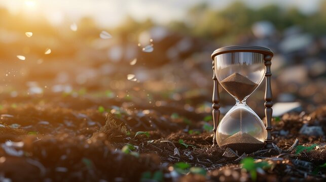An hourglass with sand running through it is in sharp focus in the foreground, symbolizing the urgency of time, while a blurred pile of waste looms in the background