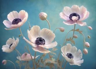 Delicate drawing of blooming poppies on a blue background