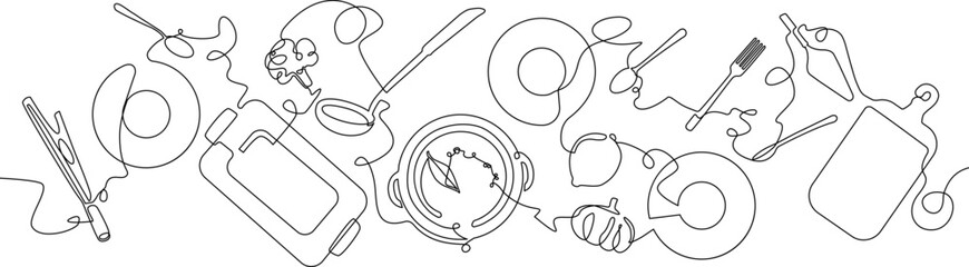 Vector illustration on culinary theme. Utensils, vegetables and different dishes in continuous line drawing style. Сooking art. Background with food.