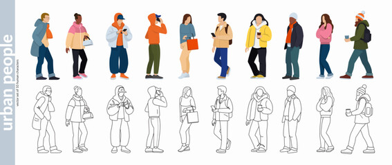 Set of urban people. Male and female characters dressed in casual clothes. Standing and walking faceless street people. Flat vector color and outline illustrations isolated on white background.