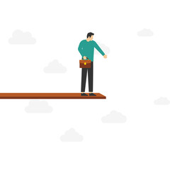 Investment or financial risk of falling down from economic recession, fear of losing money or repaying debt concept, businessman standing on edge of a cliff in the sky looking down with fear of height