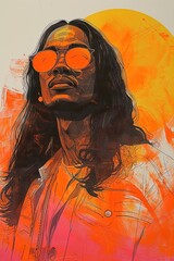 Abstract portrait of black man with long hair fashionably dressed iconic fashion trends of 1960's style, retro fashion, cultural diversity