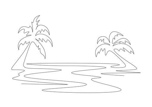 Drawing oasis with single continuous line. Tropical landscape with beach on white background. Sea beach and lagoon with coconut palms in one line. Minimalistic simple modern linear illustration.