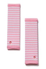 Subject shot of striped white and pink elbow length mittens. The pair of fingerless gloves is isolated on the white background.