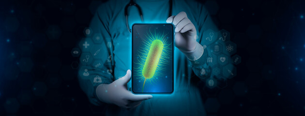 The doctor analyzes the Escherichia coli bacteria on his tablet. Concept of stomach diseases,...
