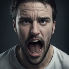 Screaming man with a funny, crazy expression, open mouth, and a shock of hair in a portrait